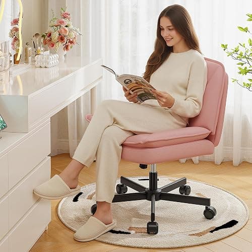 DurayLoly Criss Cross Chair with Wheels,Cross Legged Office Chair with 2 Layer Comfty Leather & Back,Armless Wide Vanity Chair for Home Office,Pink thumbnail 8