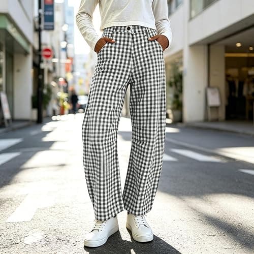 Women Barrel Checkered Pants High Waistband Baggy Lounge Trousers Fashion Plaid Wide Leg Pant with Pockets thumbnail 5