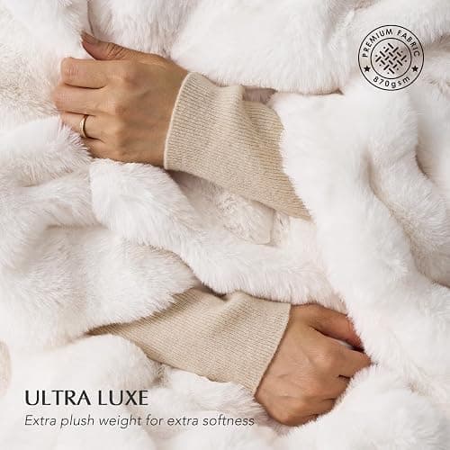 EverGrace Ultra Soft Luxury Fluffy Faux Rabbit Fur Throw Blanket, Thick Warm Bubble Throw for Bed, Cozy Plush Reversible Blankets for Couch, Chair, Sofa, Ivory White, 60x80 Inches thumbnail 3