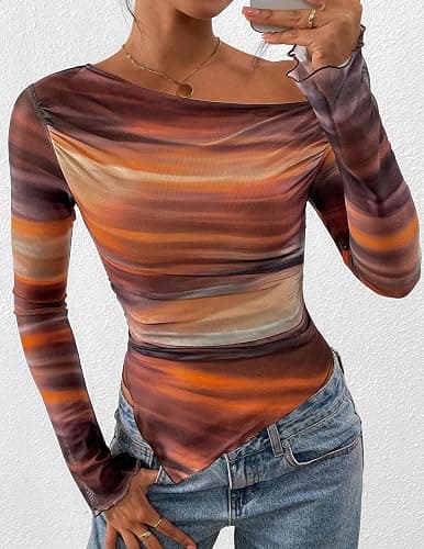 PRETTYGARDEN Womens Fall Trendy Off Shoulder Y2k Tops 2026 Tie Dye Mesh Long Sleeve Shirts Asymmetrical Ruched Floral Blouse thumbnail 3