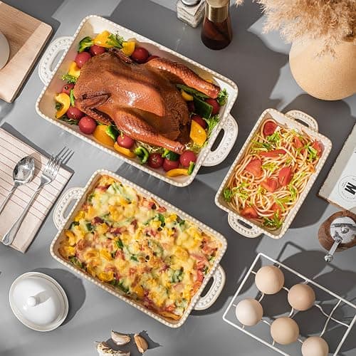 Feenmai Casserole Dish for Oven, Ceramic Baking Dishes Set, Vintage Hobnail Bakeware Sets of 3, Rectangular Baking Pan, Deep Lasagna Pan with Handle for Cake, Wedding Kitchen Gift, 13.77“/11.6"/8.85" thumbnail 2