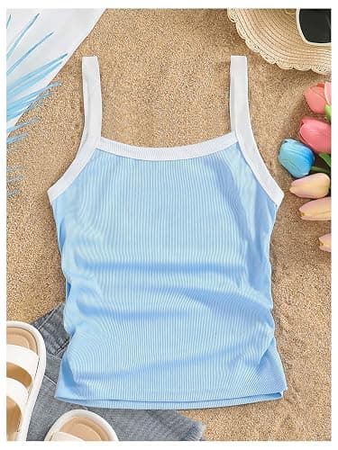OYOANGLE Girl's Ribbed Color Block Tank Top Sleeveless Fitted Cute Summer Cami Tops Beach Vacation Undershirts thumbnail 2