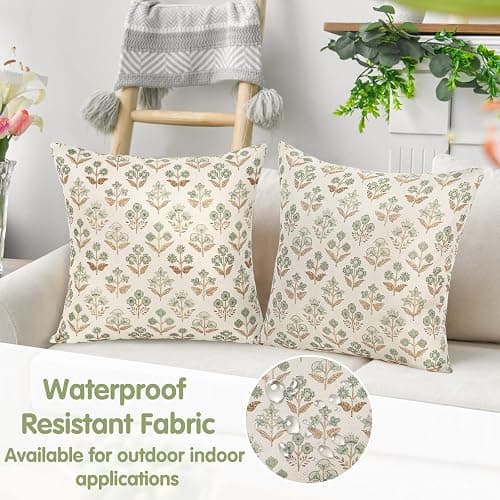 UXORSN 2 Packs Throw Pillow Covers Outdoor Waterproof 18x18 Spring Brown Green Block Print Pillowcase Vintage Floral Cushion Covers Linen Boho Farmhouse Pillow Cases for Garden Bedroom Living Room thumbnail 6