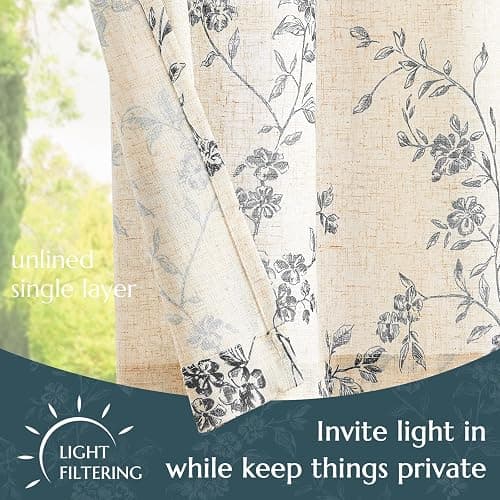 jinchan Floral Kitchen Curtains 36 Inch Linen Tier Curtains Farmhouse Cafe Half Window Drapes Over Sink Light Filtering for Living Room Laundry RV Rod Pocket 2 Panels Black on Beige thumbnail 4