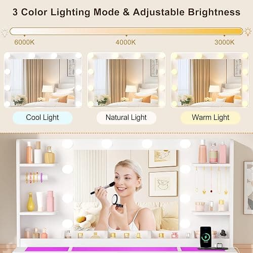 YUNSCEND Large Makeup Vanity with Mirror and Lights 3 Colors,Vanity Desk with Glass Top,11 RGB Drawers,6 Shelves,Makeup Desk with 5 Hooks,Power Outlet,Dressing Table for Girls Bedroom White UXFST004W thumbnail 5