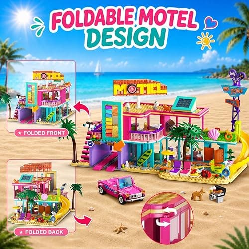 HOGOKIDS 3-in-1 Friends Motel Building Set with LED & Car for Girls Age 8+ | Foldable design with guest rooms, balcony, pool area, gas station and campsite for imaginative road-trip and vacation play thumbnail 8
