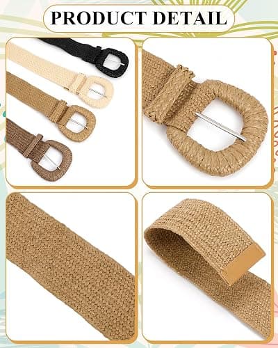 WILLBOND 4 Pcs Women Stretch Wide Straw Belt | Boho Raffia Woven with Rattan Buckle, Elastic Stretchy Waist Belt for Dresses Jeans Pants, Summer Beach Casual Outfits thumbnail 7