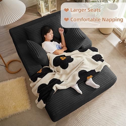 Keainvren Oversized Chaise Lounge Chair Indoor Corduroy Sofa Bed with Throw Pillows Recliner Chair Comfy Large Deep Seat Sofa Couch for Living Room, Bedroom, Apartment (Black) thumbnail 3