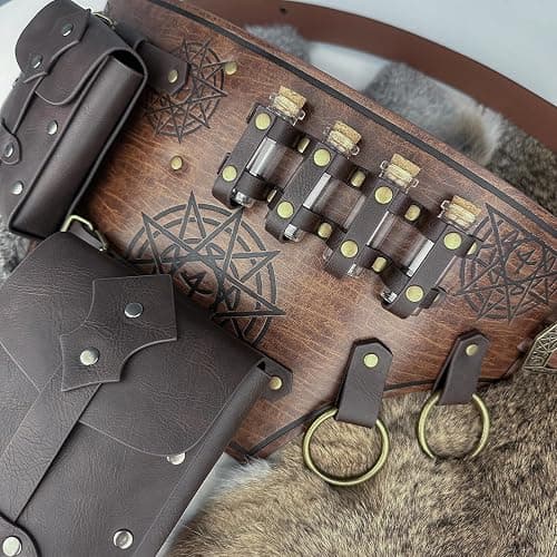 HiiFeuer 4 PCs Medieval Alchemy Belt Costume, Fantasy Faux Leather Wizard Potion Holder Belt with 4 Cork Vials and Belt Bag (Brown A) thumbnail 4
