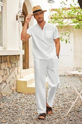 COOFANDY Men's 2 Pieces Cotton Linen Set Casual Short Sleeve Henley Shirts Beach Yoga Pants Summer Outfits thumbnail 8