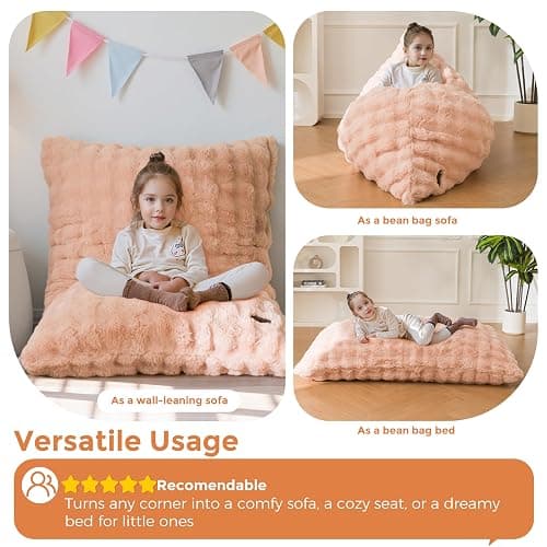 MAXYOYO 3 in 1 Kids Bean Bag Chair Bed, Child Floor Sofa for Gaming, Reading, Convertible Bean Bag Floor Cushion with Machine Washable Cover for Living Room Bedroom, Pink thumbnail 6