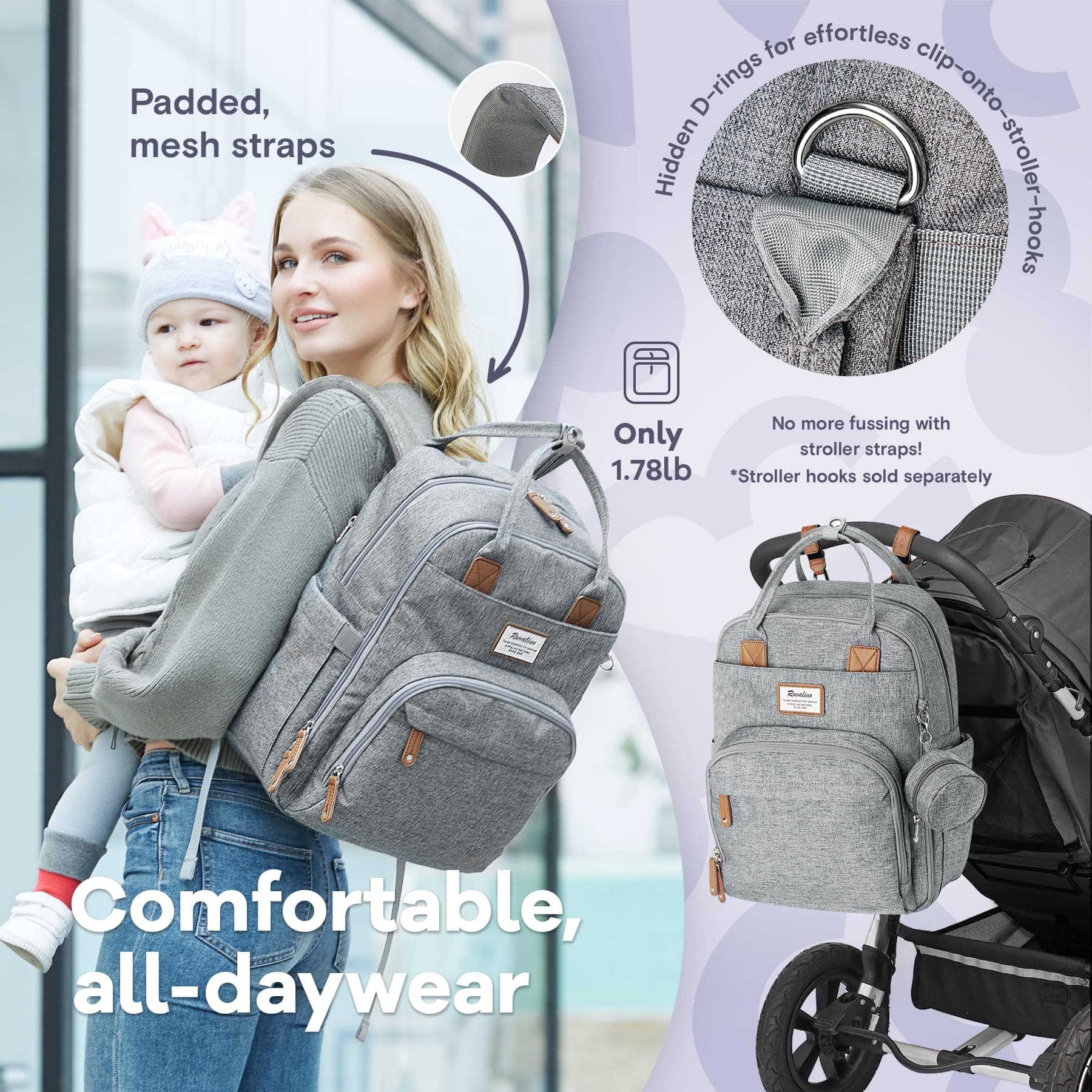 Ruvalino Diaper Bag Backpack, Baby Diaper Bag Backpack with Changing Mat for Mom and Dad (Grey) thumbnail 7