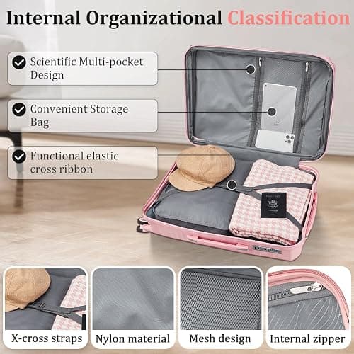 TRAVELEO 4 Piece Luggage Set PP Hardshell, Expandable Suitcase Set (20/24/28) with 14" Cosmetic Case, Lightweight Spinner Wheels with TSA Lock, Detachable Wheels for Nesting Storage (Pink) thumbnail 6