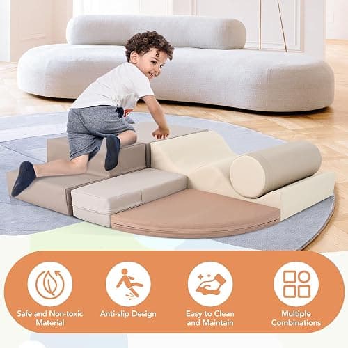 Merax Climbing Toys for Toddlers, Soft Climb and Crawl Playset Indoor Baby Soft Foam Blocks for Climbing, Crawling, 6-Piece - Cappuccino thumbnail 2