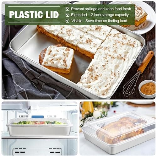 TeamFar Lasagna Pan, 12.3’’ x 9.75’’ x 2’’ Stainless Steel Rectangular Cake Brownie Baking Pan with Lid, Non-Toxic & Heavy Duty, Brush Surface & Deep Side, Dishwasher Safe-2 Pans+2 Lids thumbnail 4