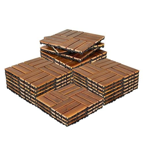 30 Pcs Interlocking Deck Tiles Solid Wood, Patio Floor Decking Tiles, Wooden Patio Flooring Outdoor Waterproof, Acacia Wood Decking All Weather for Balcony, Backyard, Porch, Poolside Use, Brown - Image 1