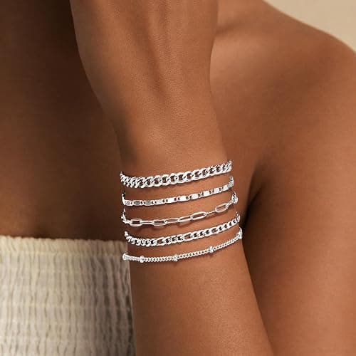 Gokeey Gold Bracelets Set for Women Non Tarnish Trendy,14K Gold Plated Dainty Stackable Paperclip Cuban Link Chain Bracelets, Simple Cute Cuff Bracelets Jewelry Set Adjustable 7"+2" thumbnail 3