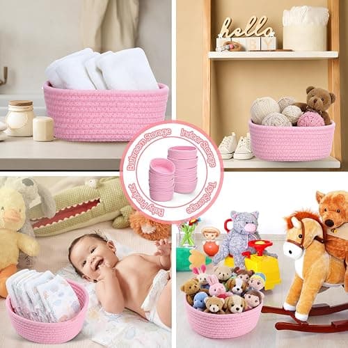 Yinkin 12 Pack Small Storage Basket Cute Natural Cotton Rope Woven Basket Tiny Boho Decorative Toy Storage Bin Gift Baskets for Home Organizing, Closet, Shelf, Nursery, Bathroom(Round,Pink) thumbnail 6