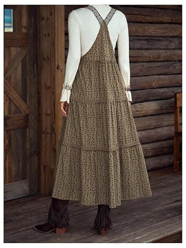 SOLY HUX Women's Floral Corduroy Overall Dress Retro Sleeveless Tiered Layer Flowy Long Pinafore Dresses thumbnail 3