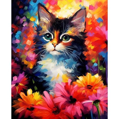 Tucocoo Cute Cat Paint by Number for Adults, DIY Digital Oil Painting Kits on Canvas with Brushes and Acrylic Pigment, Abstract Flowers Animal Hand-Painted Style for Home Decor 16x20 inch (Frameless) - Image 1