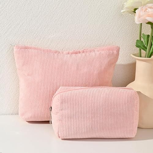 SOIDRAM 2 Pieces Makeup Bag Large Corduroy Cosmetic Bag Capacity Canvas Mix Travel Toiletry Bag Organizer Cute Makeup Brushes Aesthetic Accessories Storage Bag for Women, Corduroy Mix Pink thumbnail 7