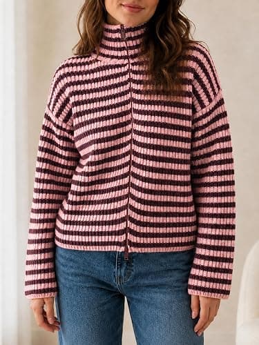Saodimallsu Womens Striped Zip Up Sweaters Mock Neck 2026 Fall Trendy Casual Long Sleeve Loose Fit Knit Cardigan Tops thumbnail 2