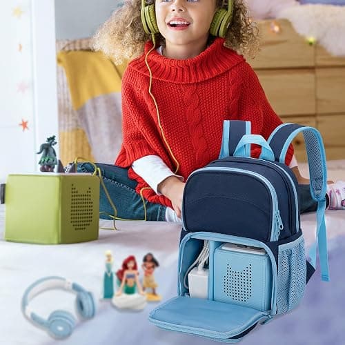 LoDrid Backpack Compatible with Tonie Box 2/1, Carrying Case with Multiple Pockets for Headphones, Charger and Accessories, Storage Bag for Audio Player Starter Set, Navy Blue (Patented Design) thumbnail 2