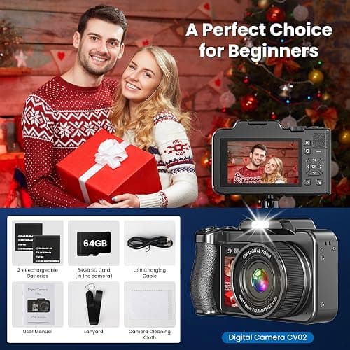 Digital Camera, 5K 80MP 3.5"+2" Dual Screen Cameras for Photography Autofocus, 18X Digital Zoom Vlogging Camera for YouTube, Travel, Beginners, Include 64GB Card and 2 Batteries thumbnail 7