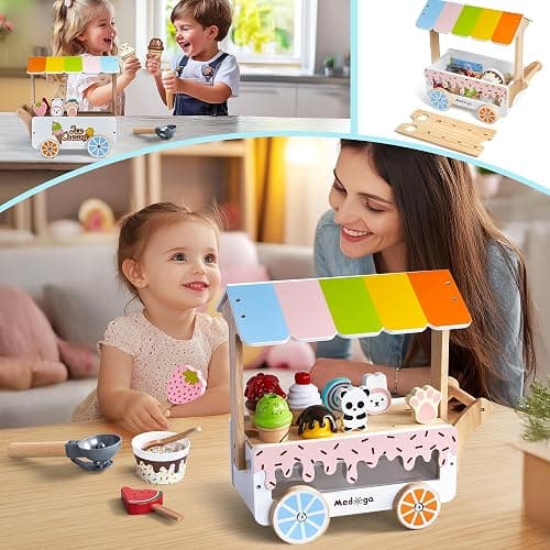 Carrello per Gelato in Legno Con Giocattoli, Camion di Cibo per Fingere di Giocare, Accessori da Cucina Con Ghiacciolo, Paletta e Menù, Regalo per Ragazze thumbnail 7