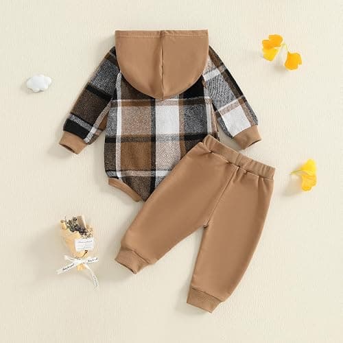 Douhoow Infant Baby Fall Clothes Boy Girl Plaid Hoodie Sweatshirt Romper Flannel Tops+ Sweatpants Festival Outfits thumbnail 7