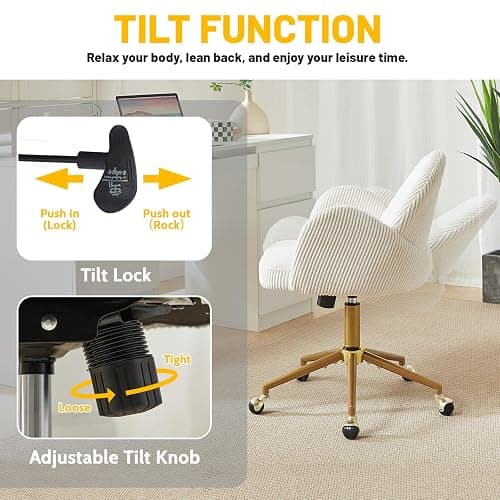 Home Office Chair with Petal Backrest, Corduroy Upholstered Desk Chair with Adjustable Swivel Wheels, Ergonomic Chairs for Living Room, Bedroom, Office, Study, Flower Cute Girls Vanity Chair(Beige) thumbnail 5