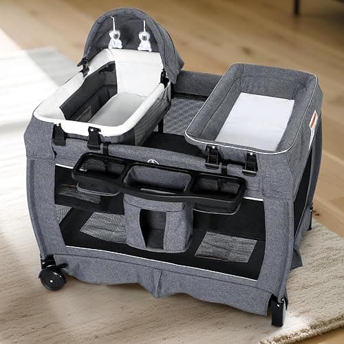 Kinder King 4 in 1 Foldable Pack and Play with Bassinet & Changing Table, Portable Playard for Babies and Toddlers, Adjustable Canopy, Storage Bag, Light Gray - Image 1