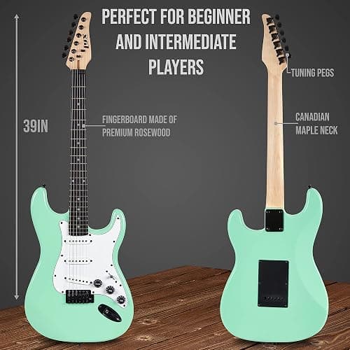 LyxPro 39 inch Electric Guitar Kit Bundle with 20w Amplifier, All Accessories, Digital Clip On Tuner, Six Strings, Two Picks, Tremolo Bar, Shoulder Strap, Case Bag Starter kit Full Size - Green thumbnail 3