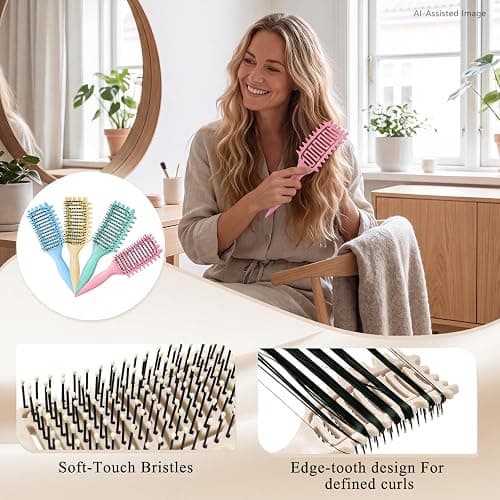 Curl Defining Brush for Curly Hair, Vented Detangling Hair Brush for Wet and Dry Styling, Curved Brush for Shaping and Smoothing Curl Clumps, Lightweight Hair Brush （Beige） thumbnail 6