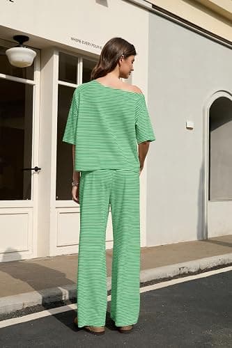 Ythomm Striped Pajama Sets Womens Two Piece Lounge Outfits Short Sleeve Off Shoulder Shirts Drawstring Pants Matching Pj Sets thumbnail 3