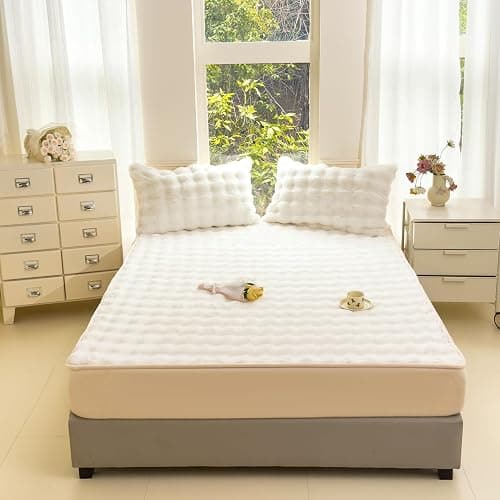 H&D Bedding Queen Sheet Set – 3 Piece Bed Sheets for Queen Size Bed, Luxury Soft and Breathable Faux Fur, Includes 1 Comfy Bubble Sheet, and 2 Pillowcases (Ivory, 3-Piece Set) - Image 1