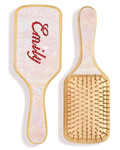 Custom Hair Brushes for Women,Personalized Hair Brush with Colorful Name,Customized Natural Wooden Bamboo Brush,Handmade Rhinestones Hairbrush for Massaging Scalp(Pearl White-Square) - Pearl White-Square - Image 1