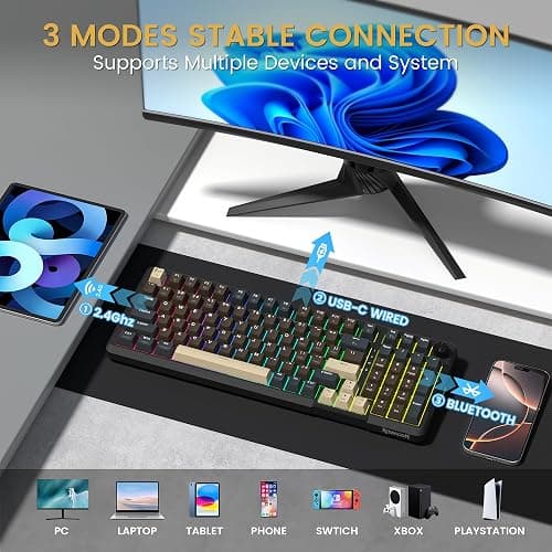 Redragon K742 Wireless Mechanical Gaming Keyboard with Knob, Bluetooth 5.0/2.4GHz/USB C Wired Creamy Keyboard with Number Pad for PC Computer, RGB Backlits, Hot-Swappable with Linear Switches (Brown) thumbnail 4