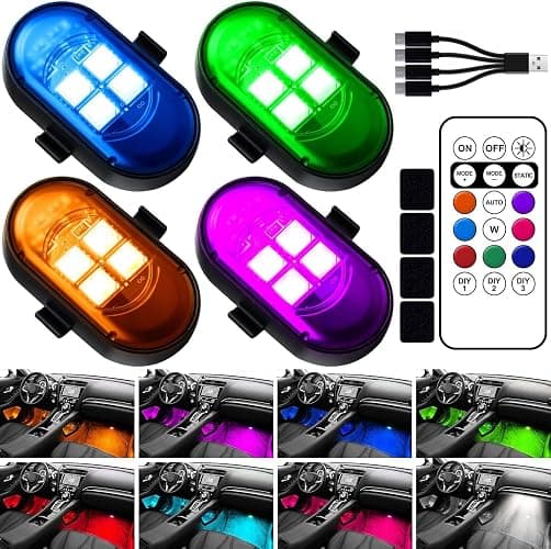 Wireless LED Lights for Car, Rechargeable Interior Car Lights | Remote Control, 8 Colors, 10 Modes, 3 Brightness Levels, USB-C Accent Lights for Car, Truck, Motorcycle & Bike - Image 1