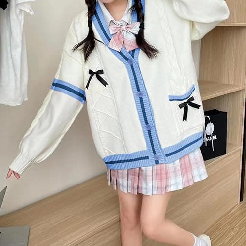 Shebote Womens Cute Sweet Cardigan Sweater Long Sleeve V-Neck Bowknot JK School Uniform Cardigans Knitted Sweaters thumbnail 7