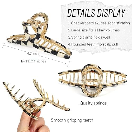 Big Butterfly Metal Hair Claw Clips for Women - Checkerboard Clamps with Strong Hold, 4.7" Large Hair Accessories for Long Thick Hair (Black&White) thumbnail 4