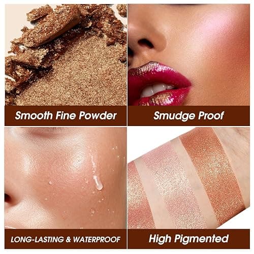 Highlighter Powder Palette, Makeup Palette Facial Bronzers Illuminator Palette Highlighter Baked Waterproof Long Lasting Brilliant Lighten Skin Color (5 Color, 1 Count (Pack of 1)) thumbnail 4