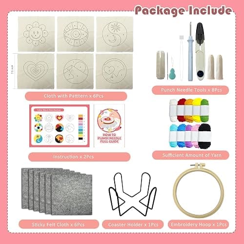 SEREDH Punch Needle Coasters Kit for Beginners Adults Easy Needle Punch Embroidery Kit Set Threader Instruction Fabric Hoop Yarn Tufting Coaster DIY Making,Coaster Holder Coaster Art Craft Supplies thumbnail 4