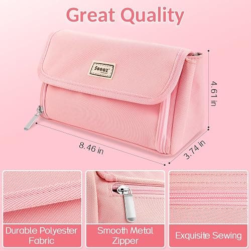 Sooez Super Large Pencil Case, Big Capacity Pencil Bag with 3 Compartments, Hold 200 pencils, Cute Pencil Pouch with Zipper, Portable Stationery Pen Bag, Aesthetic School Supplies For Girls, Pink thumbnail 3