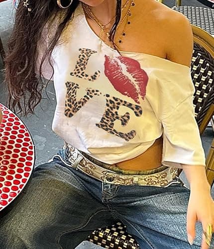 Hesaco Off The Shoulder Cute Shirts for Women Oversized Tshirt Y2k Graphic Tee Lips Print Baggy Shirts Vintage Tops thumbnail 3