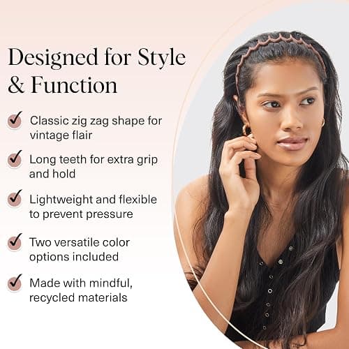 Kitsch Zig Zag Headbands for Women - Neutral, 2 pcs | Fashion Accessories for Slicked Back Styles | Comfortable Wavy Headbands | Comb Headband with Teeth thumbnail 4