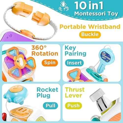 iPlay, iLearn 10 in 1 Baby Busy Board Cube, Montessori Sensory Toy Toddler 1-3, Infant Carseat Plane Travel, Kid Education Learning Activity, Birthday Gift 6 9 10 12 18 Month 1 2 Year Old Boy Girl thumbnail 4
