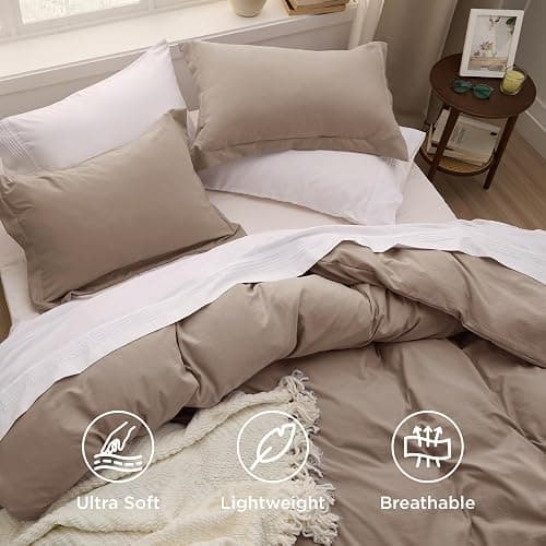 Bedsure Khaki Duvet Cover King Size - 3 Pieces Prewashed Cotton-Like Extra Soft Bedding Set, Includes 1 Duvet Cover 104x90 Inches with Zipper Closure & 2 Pillow Shams, Comforter Not Included thumbnail 4