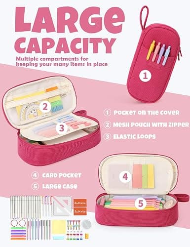 SUNEE Cute Pencil Case, Large Pencil Pouch, Soft Corduroy Fabric Big Pencil Bag with Zipper, Kawaii Pen Bag Stationery Storage and Organizer, School Supplies for Teen, Student, Boys, Girls, Berry Pink thumbnail 5