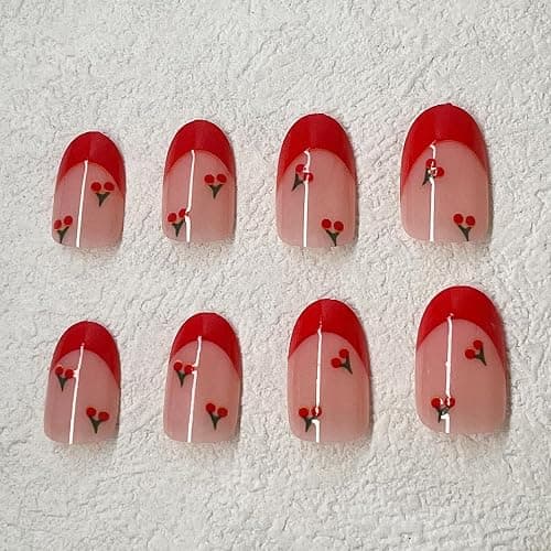 ROFIBUT Red French Tip Press on Nails Almond Short Fake Nails Cute Nude Pink Full Cover Glue on Nails with Red Cherry Glossy Artificial Stick on Nails Reusable Acrylic False Nail for Women Girls 24Pcs thumbnail 3